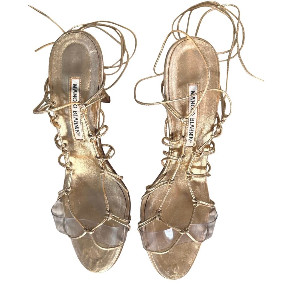 Manolo Blahnik Gold Caged Metallic Ankle Tie Stiletto Sandals Size 41